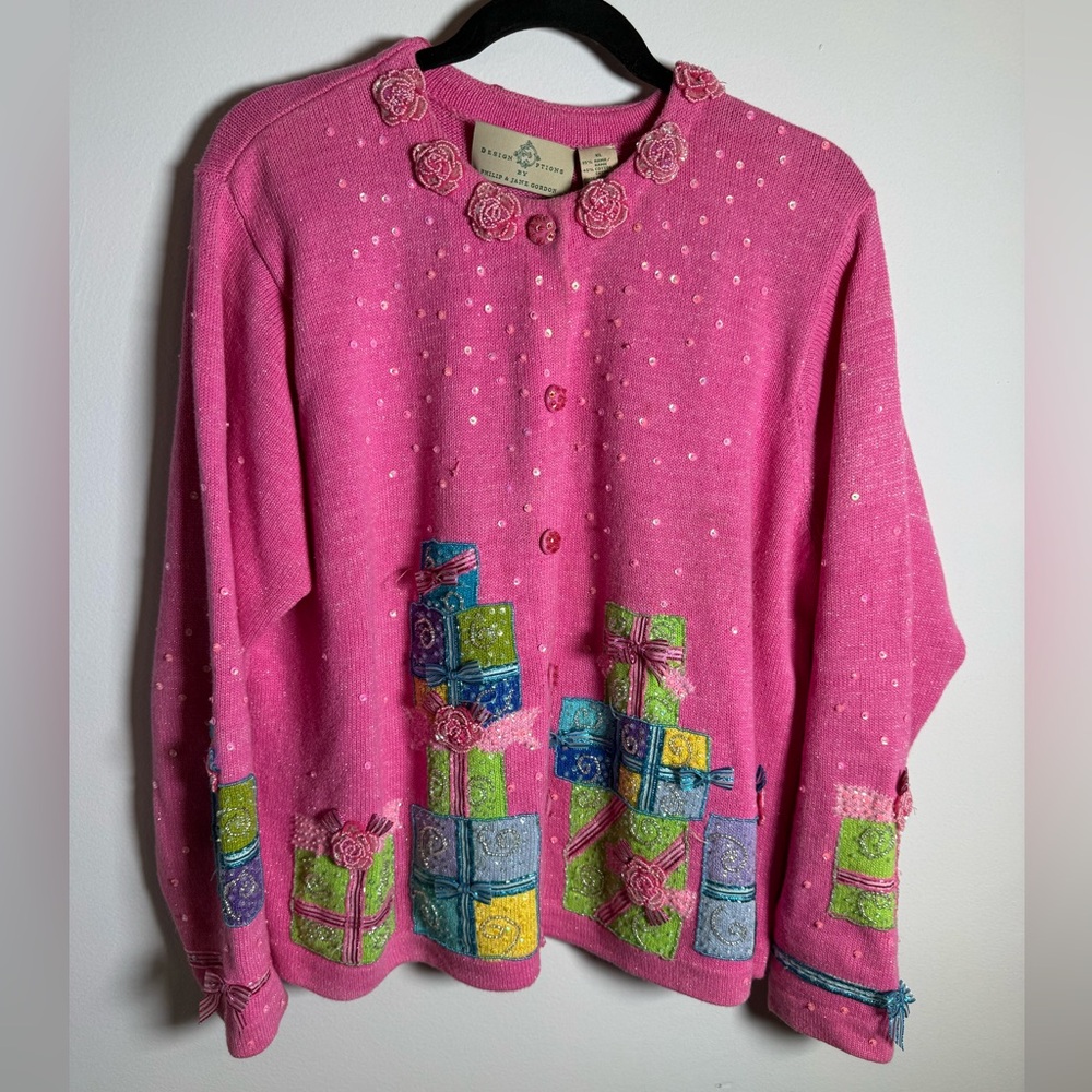 Design Options by Philip & Jane Gordon Pink Beaded Cardigan Sweater‎ XL